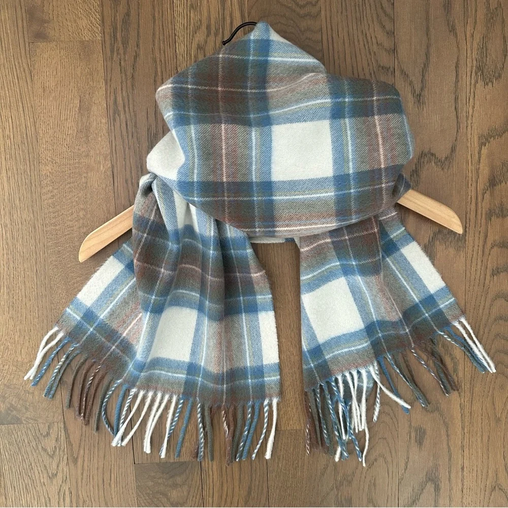 Lochmere Plaid Tartan Cashmere Oblong Fringe Scarf Muted Blue Dress Stewart 55